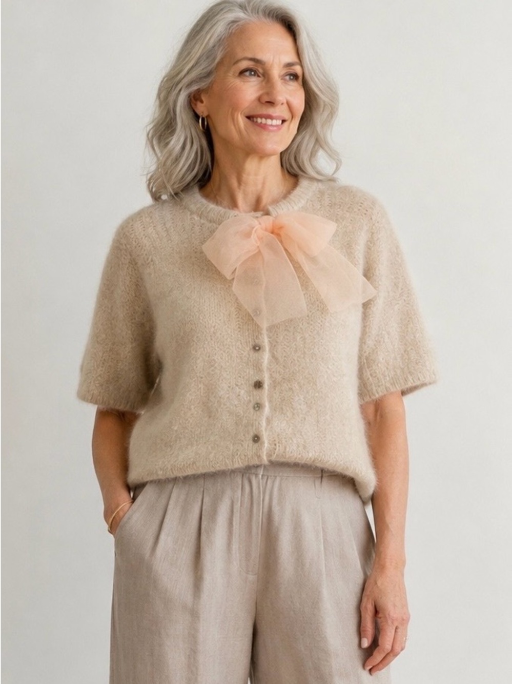 Greige Soft Knit Cardigan in Beige with Organza Bow